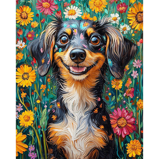 Blühender Frühling mit Dackel- Malen nach Zahlen