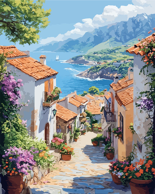 Bunte Blumen in der weißen Gasse - Malen nach Zahlen