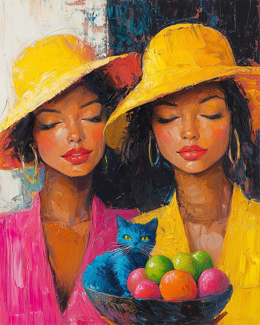 Hutträgerinnen und Blaukatze- Malen nach Zahlen