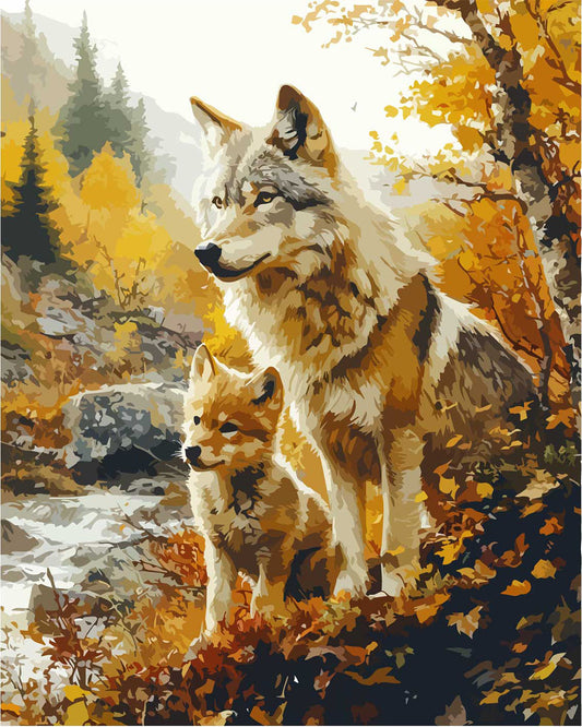 Vater - Wolf und Junges im Herbstlaub - Malen nach Zahlen