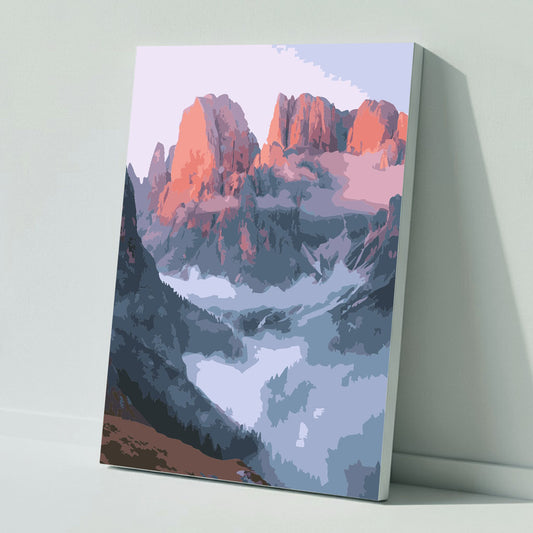 Verschneite Täler bei Sonnenuntergang - Malen nach Zahlen